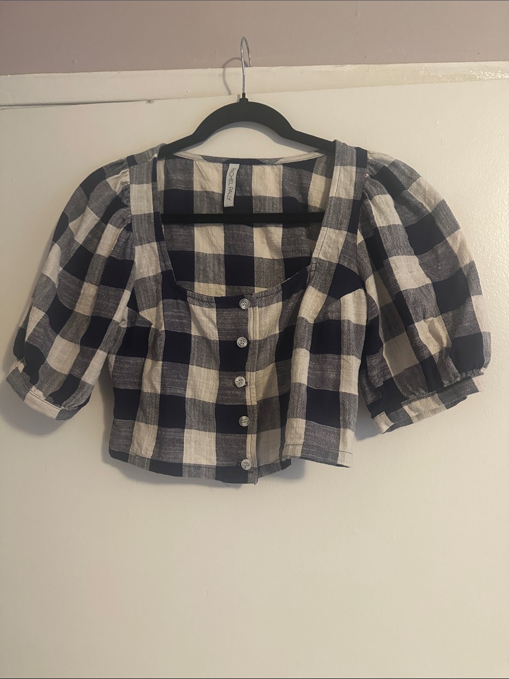 Rachel Pally Black & Cream Plaid Puff-Sleeve Crop Top